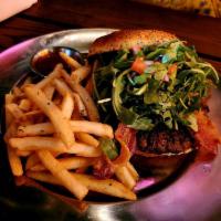 Fresno Fig Burger · Fig marmalade, melted goat cheese, bacon, tomatoes, red onions, arugula and spicy porter mus...