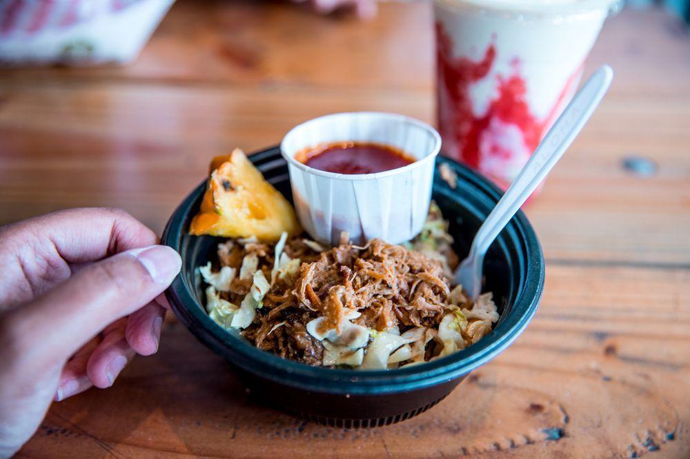 Hawaiian Bowl · 12 hour pulled pork with cabbage mix, white rice, side guava BBQ sauce and takuan.