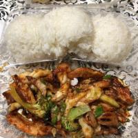 Chicken Teriyaki · Served with Steamed Rice and Mixed Steamed Veggies.