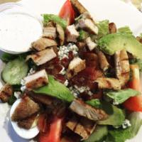 Chicken Cobb Salad Large · Chicken, mixed greens, hard-boiled egg, tomatoes, avocado, bacon bits, and blue cheese crumb...