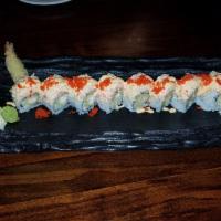 Monster Roll · Raw. Tempura shrimp, cucumber, topped with snow crab salad, spicy mayo and masago.