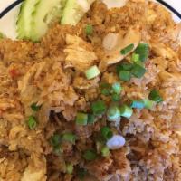 Num Prik Pao Fried Rice · Jasmine rice and Thai chili paste stir fried with egg, onion, celery and topped with cilantr...
