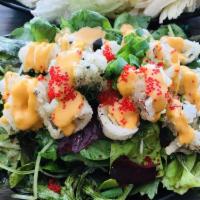 Crispy Calamari Salad · Crispy calamari drizzled with sweet spicy mayo, tobikko, and green onions on a bed of organi...