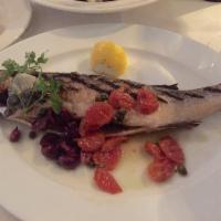 Branzino · Oven roasted whole Branzino served with mashed potatoes and vegetables of the day
