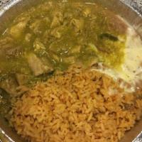 Chile Verde · Pork chunks with green tomatillo sauce.