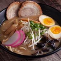 Miso Ramen · Soybean soup base. Roasted pork, boiled egg, kikurage mushroom, bamboo shoots, green onion, ...