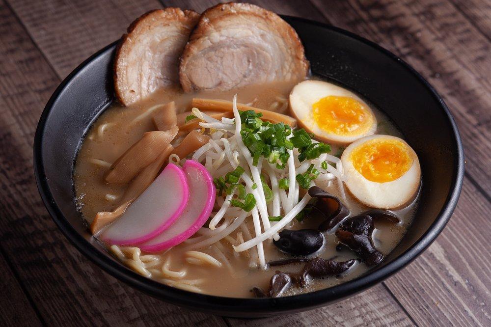 Miso Ramen · Soybean soup base. Roasted pork, boiled egg, kikurage mushroom, bamboo shoots, green onion, sprouts, fish cake.