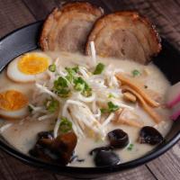 Tonkotsu Ramen · Creamy pork soup base. Roasted pork, boiled egg, kikurage mushroom, bamboo shoots, green oni...