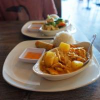 Panang Curry · Panang curry in coconut milk, bell pepper, yellow onion, green bean and lime leaves. Gluten ...