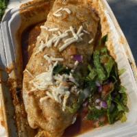 Vegan Wet Burrito · Meat, rice, beans, onions, cilantro topped with cheese (vegan or diary), and salsa of your c...