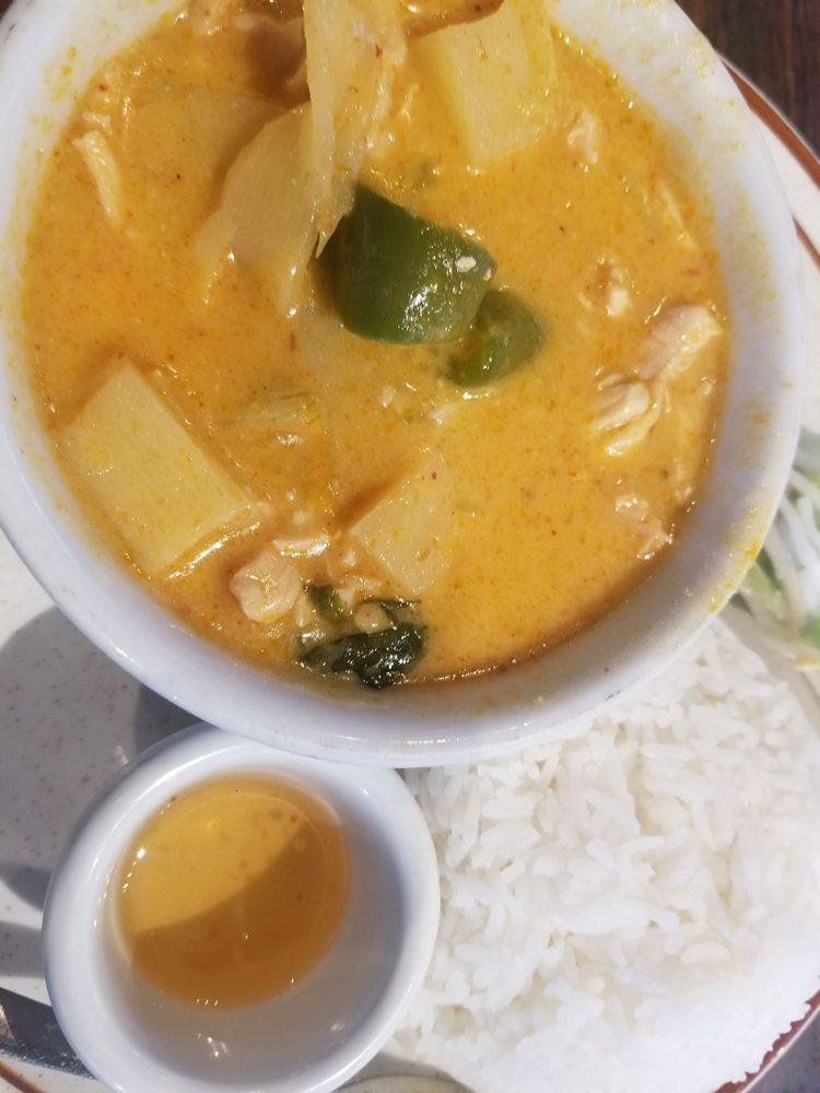 Red Curry · Bamboo, onions, basil, and potatoes, the mother of all curries, your choice of chicken, beef, or pork. Shrimp is available for an additional charge.