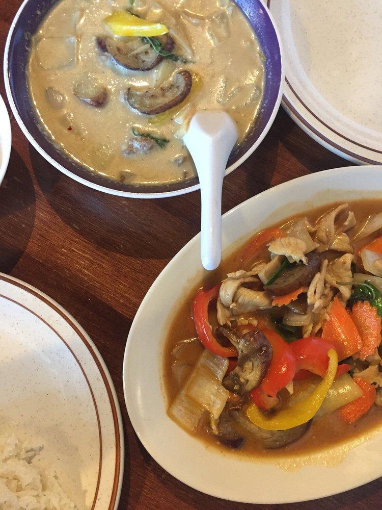 Green Curry · Eggplant, bell peppers, and bamboo, a settle yet spicy curry, your choice of chicken, beef, or pork. Shrimp is available for an additional charge.