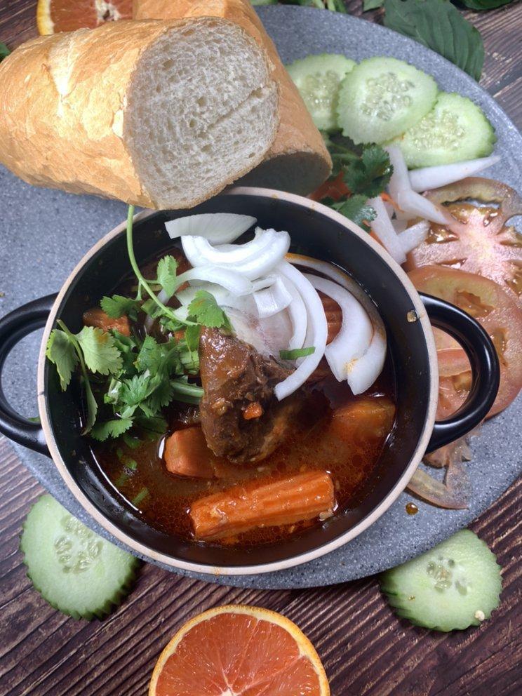 Beef Stew Pho · Beef Stew, rice noodles, bean sprouts, basil, coriander, cilantro, green & white onions, and jalapeños in a beef based broth. Served with a Chinese donut. (Not gluten free.)