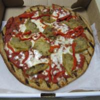 Eggplant Roasted Red Pepper Pizza · Our signature tomato sauce, mozzarella, breaded eggplant and fire-roasted red peppers.