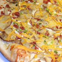 Potato Bacon Cheddar Pizza · A white pie topped with mozzarella, seasoned potatoes, smoked bacon, scallions and cheddar. ...