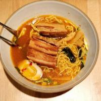 Shoyu Ramen · Come with pork shoulder, seaweed, bamboo, half slow cook egg, green onion. Select spicy leve...