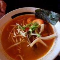 Seafood Ramen · Come with shrimps, clams, squids, bean sprout, greens, green onion. No egg Select spicy leve...
