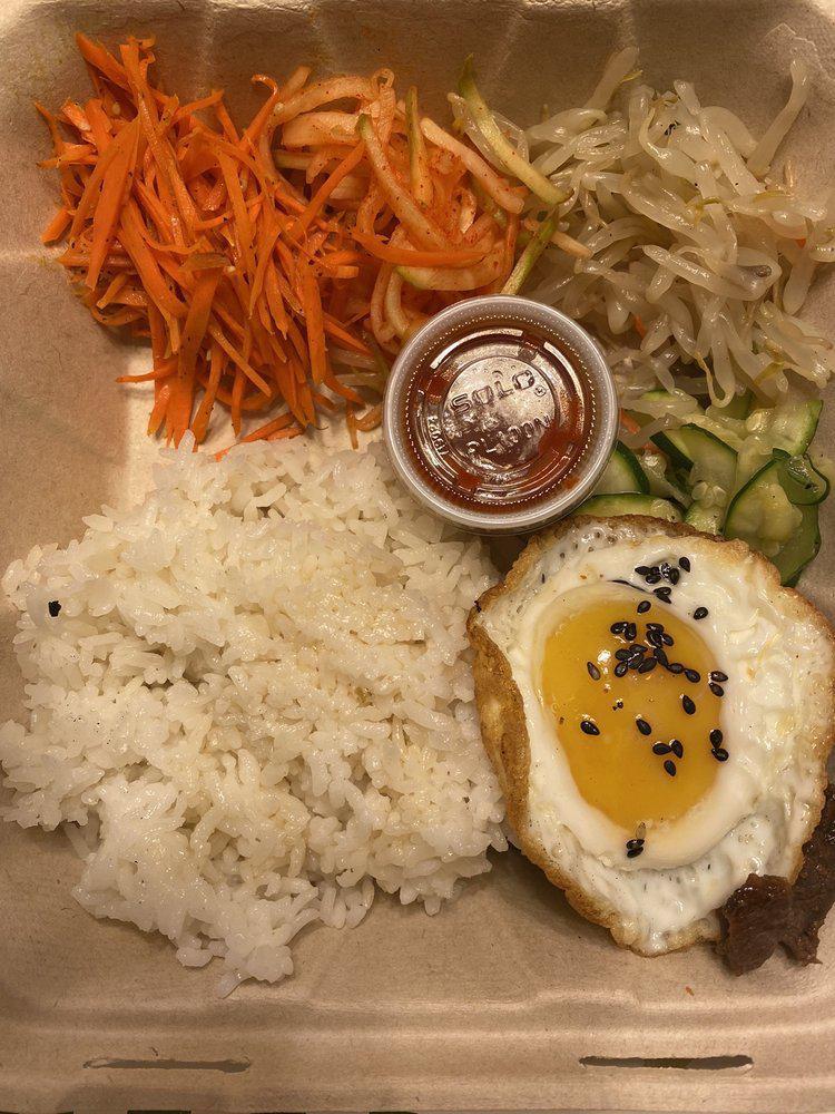 Bibimbap · Rice bowl mixed w/gochujang (sweet & spicy) sauce, assorted vegetables & choice of beef, chicken or tofu