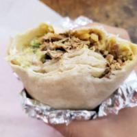 Super Burrito · Whole Beans, rice, fresh salsa, cheese, guacamole, sour cream, and choice of meat.