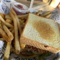 Texas Fried Chicken Club · Fried chicken breast with jalapeno mayo, bacon, lettuce, tomato, and roasted pepper cheese m...