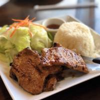 BBQ Pork · Served with steamed rice and salad.