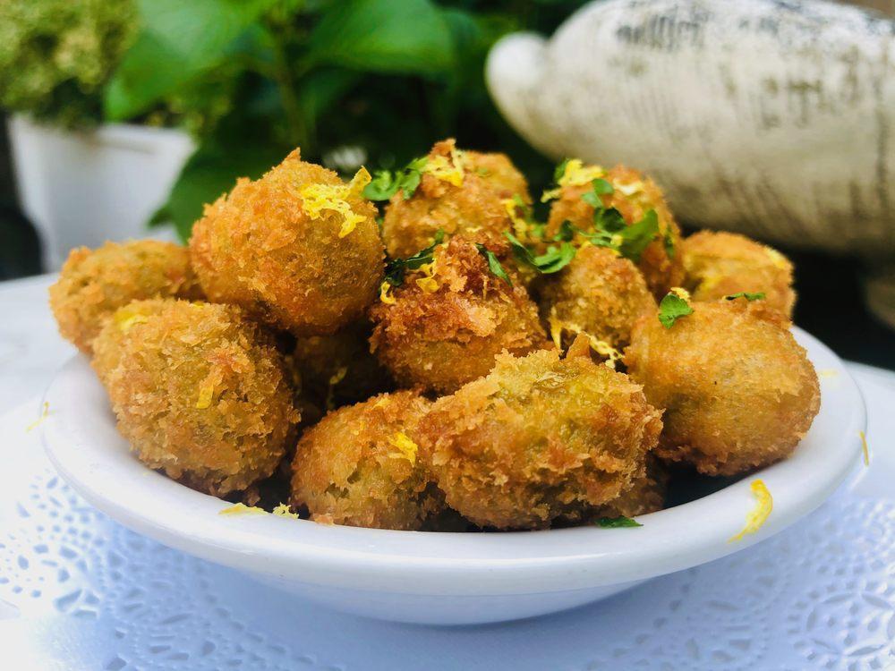 Fried Olives · Stuffed with white anchovies, lemon zest.