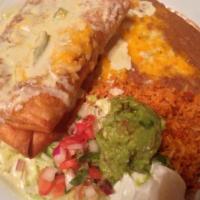Chimichanga · Flour tortilla filled with your choice of bean and cheese, shredded beef, ground beef, savor...