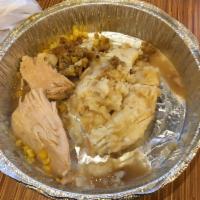 Turkey Dinner · Mashed SpudToddos with turkey, cornbread stuffing, gravy, green onions, bacon and cranberry ...