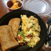 Anaheim Scrambler · Scrambled eggs, bacon, tomato, green onion, cheddar, avocado.