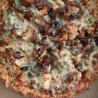 Aladdin Special Pizza · Chicken, beef, gyro meat, black olives, green peppers, onions, cheese and pizza sauce. 