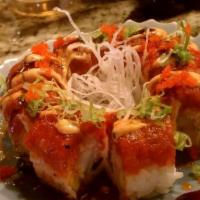 Hot Night Roll · Shrimp tempura, crab meat, avocado topped with spicy tuna, eel, masago and jalapeno.