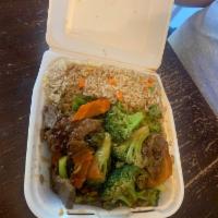 Beef Broccoli · Served with steamed rice.