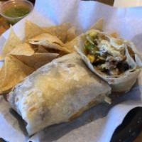 Steak and Eggs Burrito · Served with carne asada, potatoes and cheese.