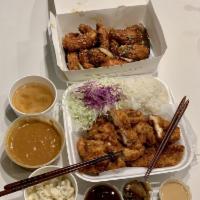 Chicken Katsu · Chicken tender cutlet served with rice, miso soup and cabbage salad.