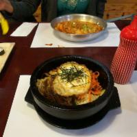 Bibimbap · Served with steamed rice, miso soup, and sides (banchan).