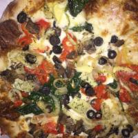 Very Veggie Pizza · Olive oil, tomatoes, spinach, mushrooms, onions, red peppers, mozzarella and artichokes.