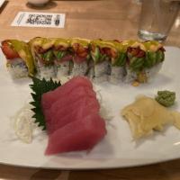 Strawberry Roll · Shrimp tempura and masago caviar rolled uramaki style wrapped with tuna, avocado, and strawb...