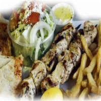 Chicken Skewer · 1 Charbroiled chicken on a stick served with pita bread and tzatziki.