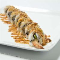 Crunch Roll · Shrimp tempura, crab meat, avocado, cucumber inside with onion crunch, eel sauce on top