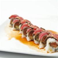 Ninja Roll · Spicy tuna and cucmber with tuna tataki, garlic ponzu, and garlic chips on top