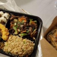 Mongolian Beef Bento · Beef ribeye, green onion, carrot, bell pepper, white onion with house made brown sauce