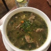Sancocho · Beef soup made with beef shanks, potatoes, corn, vegetables.