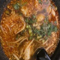 Tom Yum Noodle Soup · Thai spicy tangy tom yum style noodle soup with rice noodle, chicken, chili flakes, lime jui...