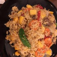 Mango Fried Rice · Fried rice with shrimp, egg, mango, carrot, snow pea, onion, red pepper and scallion.
