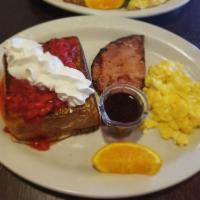 Stuffed French Toast Combo Special · Sweet cream cheese filling French toast topped with strawberries and whipped cream Served wi...