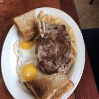 Steak and Eggs · Thick cut steak and 3 eggs any style served with toast.