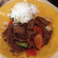 Sizzling Black Pepper Beef · Sauteed with peppers, onions and mushrooms with black peppercorns.
