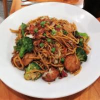 Kev's Favorite Lo Mein · Shrimp and large sea scallops combined with fresh Asian vegetables, broccoli and crisp bacon...