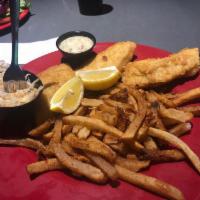 Fish and Chips · 3 piece of breaded cod, fresh cut fries, Herman's slaw, sweet jalapeno tartar sauce and lemo...