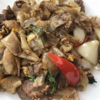 Drunken Noodles · Wide rice noodles with egg, onions, bells, garlic chili, and basil leaves. Noodle dishes are...